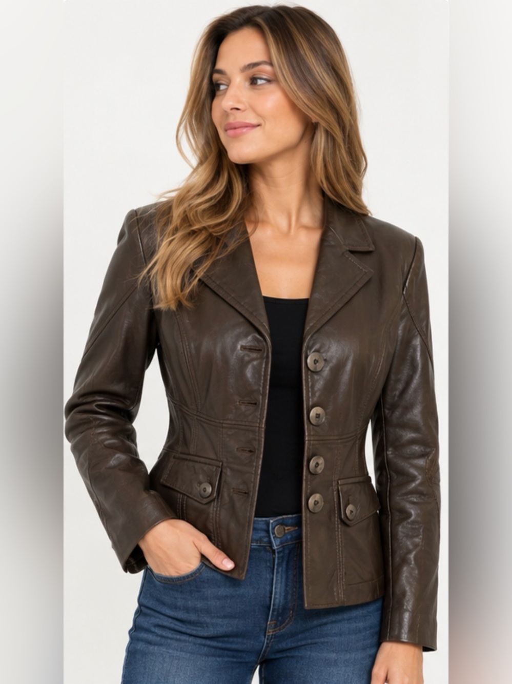 Danier Chocolate Brown Genuine Leather Fitted Blazer Jacket XS Made in Canada